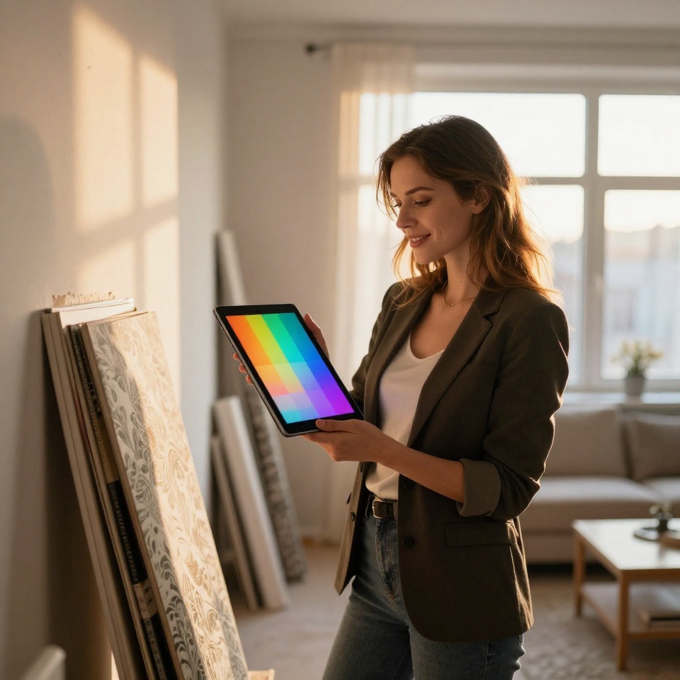 Женщина выбирает обои для ремонта квартиры, рассматривает образцы и цветовую палитру на планшете в солнечной комнате