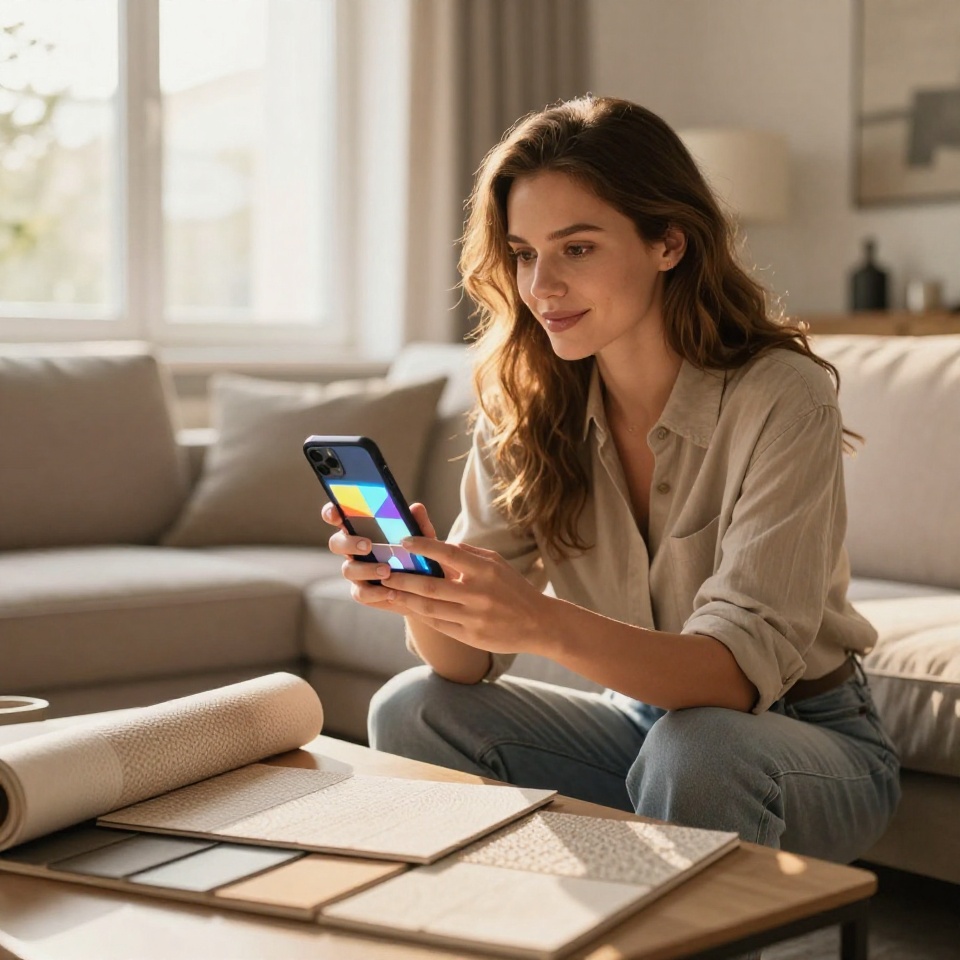 Женщина выбирает обои для квартиры с помощью смартфона, рассматривая образцы в солнечной гостиной